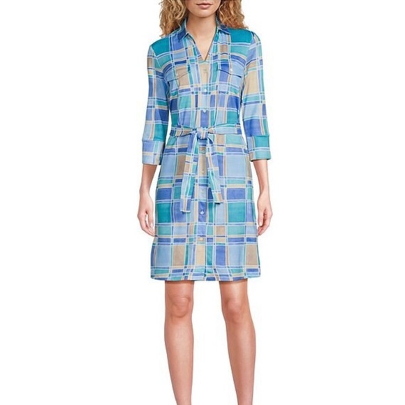 J. McLaughlin Sz S Brynn Tile Print Jersey Knit Collared V-Neck 3/4 Sleeve Dress - Picture 1 of 12